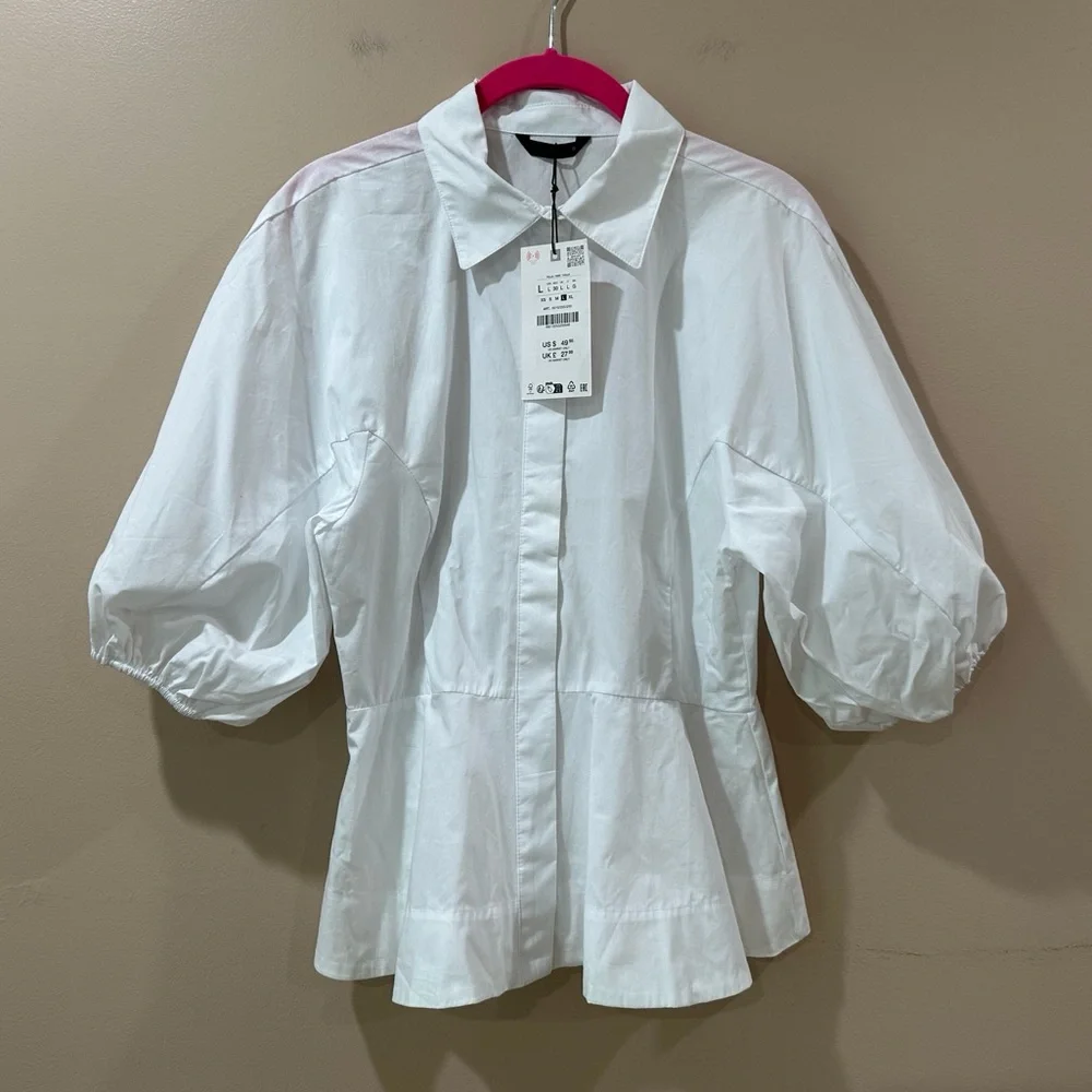 ZARA White Cotton Poplin Balloon Sleeve Top Flared Hem Hidden Button Shirt Large